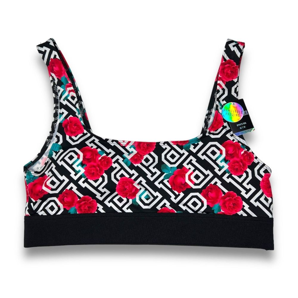 Victorias Secret Pink Ultimate Sport Bra M Logo Floral Print Light Support Black